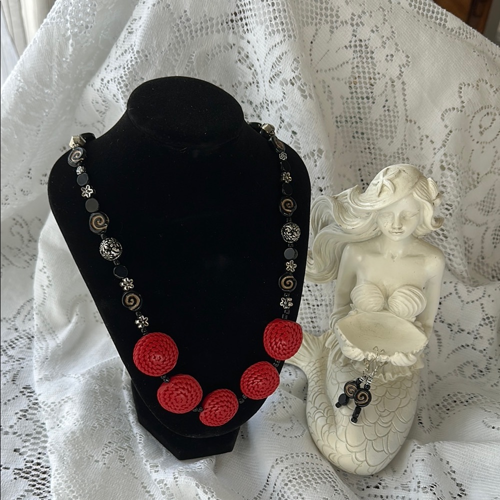 Bold Red and Black Statement Necklace and Earring Set